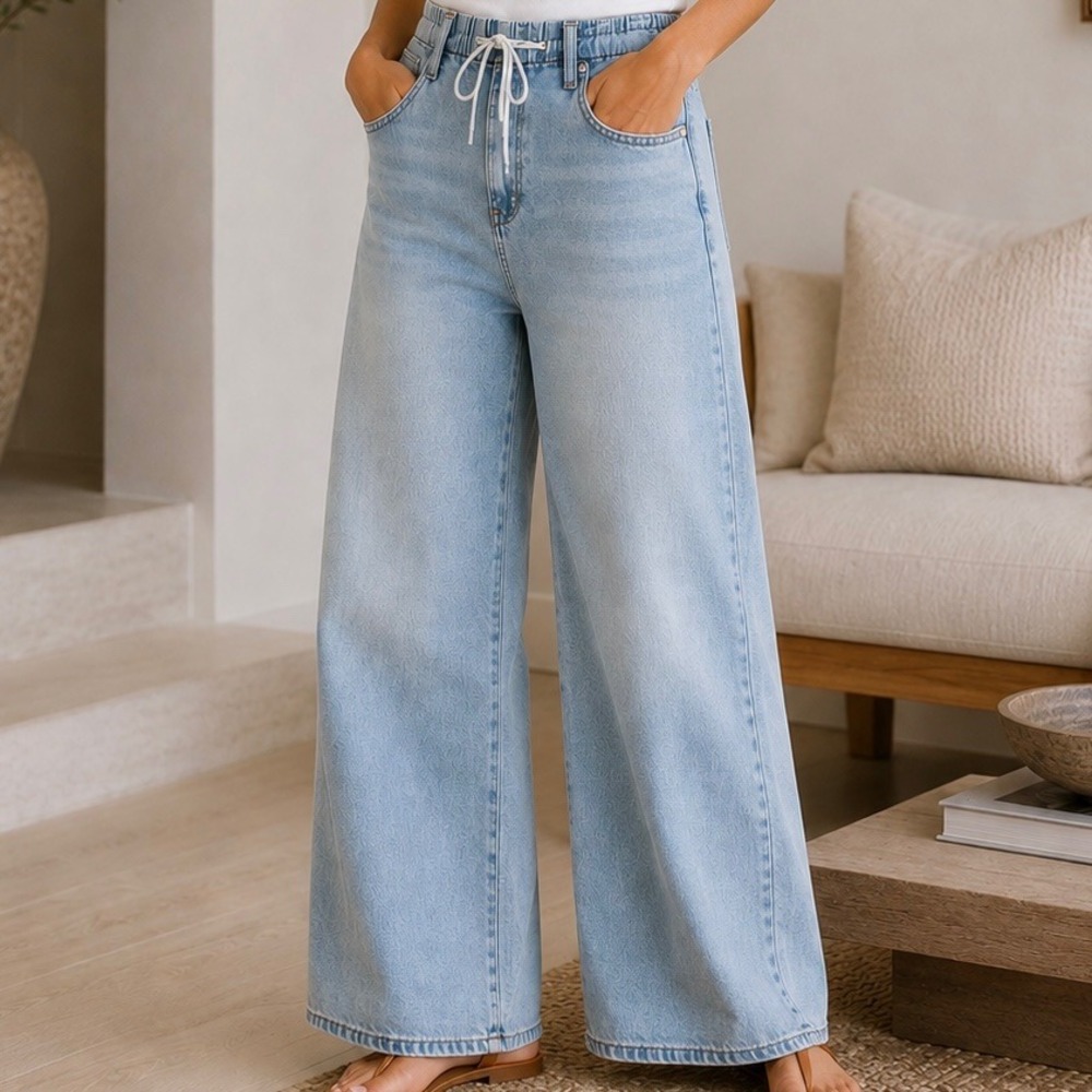 OAT New York Cloud Luxe Denim Wide Leg Drawstring Jeans Light Wash Size 10/30
